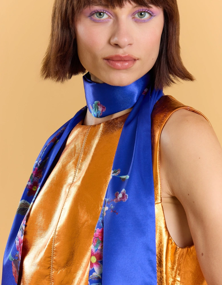 Silk Blend Blue Floral Long Scarf