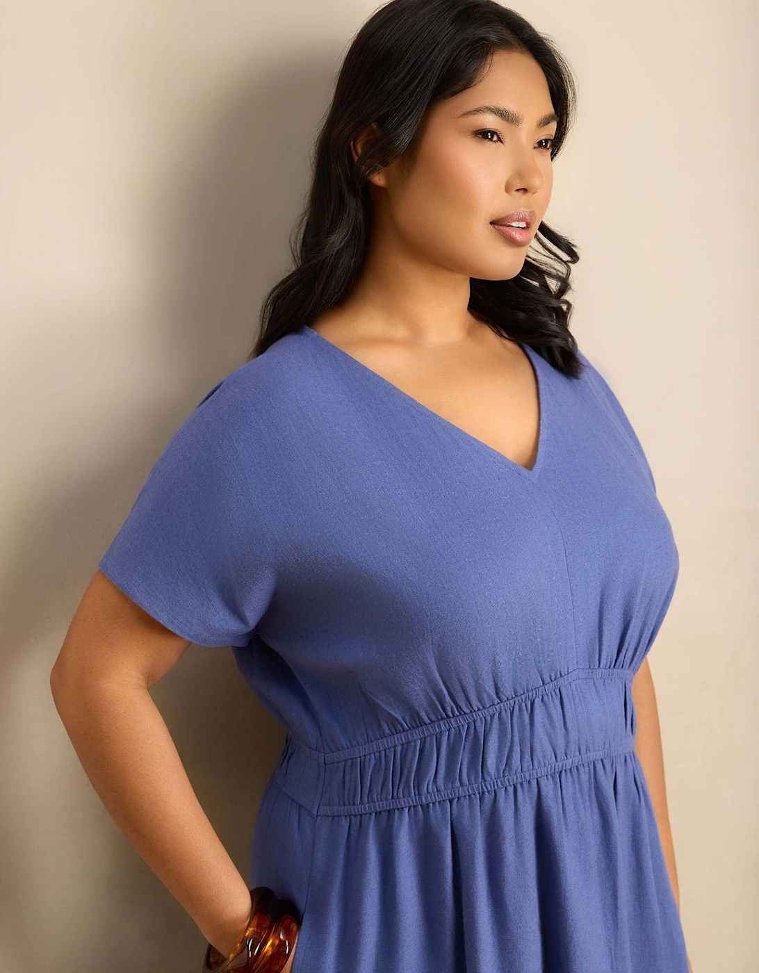 Petite Blue Linen Blend V-Neck Waist Detail Midaxi Dress