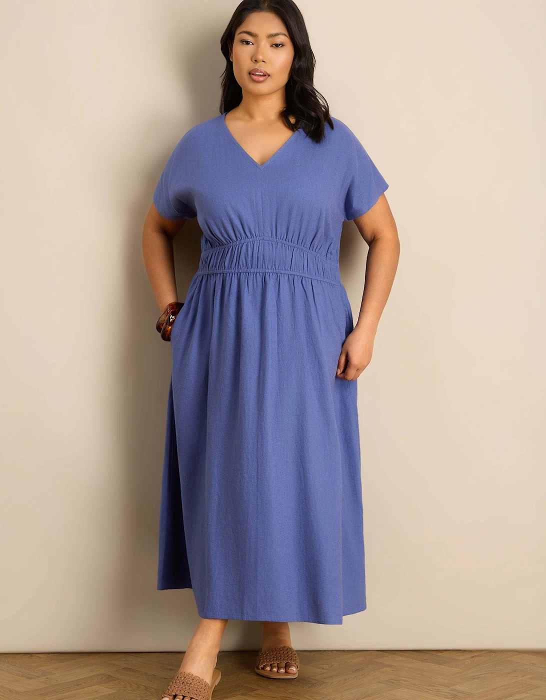 Petite Blue Linen Blend V-Neck Waist Detail Midaxi Dress