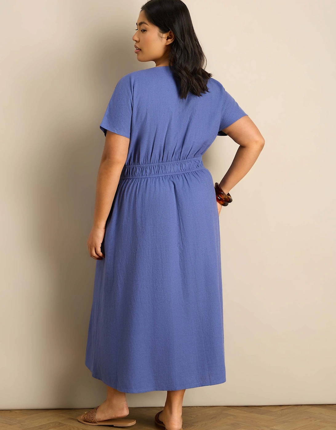 Petite Blue Linen Blend V-Neck Waist Detail Midaxi Dress