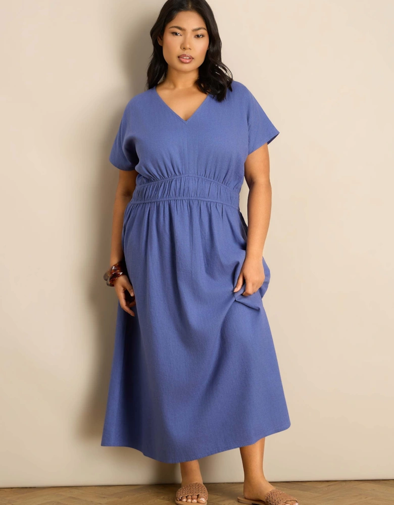 Petite Blue Linen Blend V-Neck Waist Detail Midaxi Dress