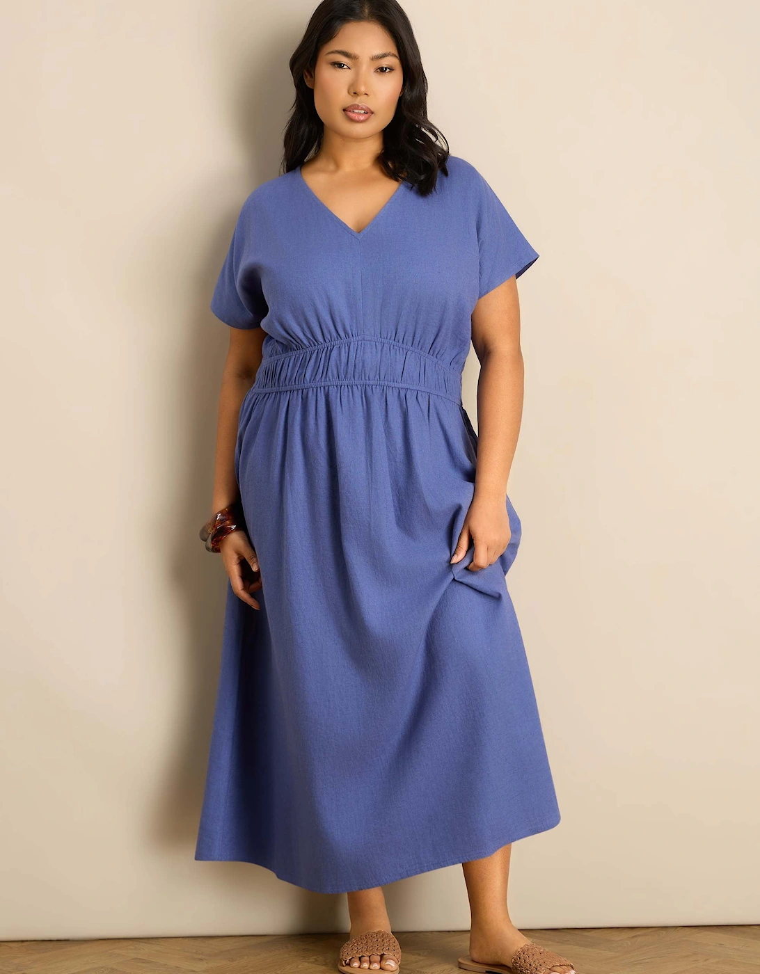 Petite Blue Linen Blend V-Neck Waist Detail Midaxi Dress
