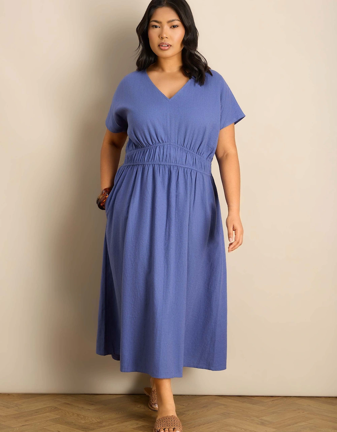 Petite Blue Linen Blend V-Neck Waist Detail Midaxi Dress