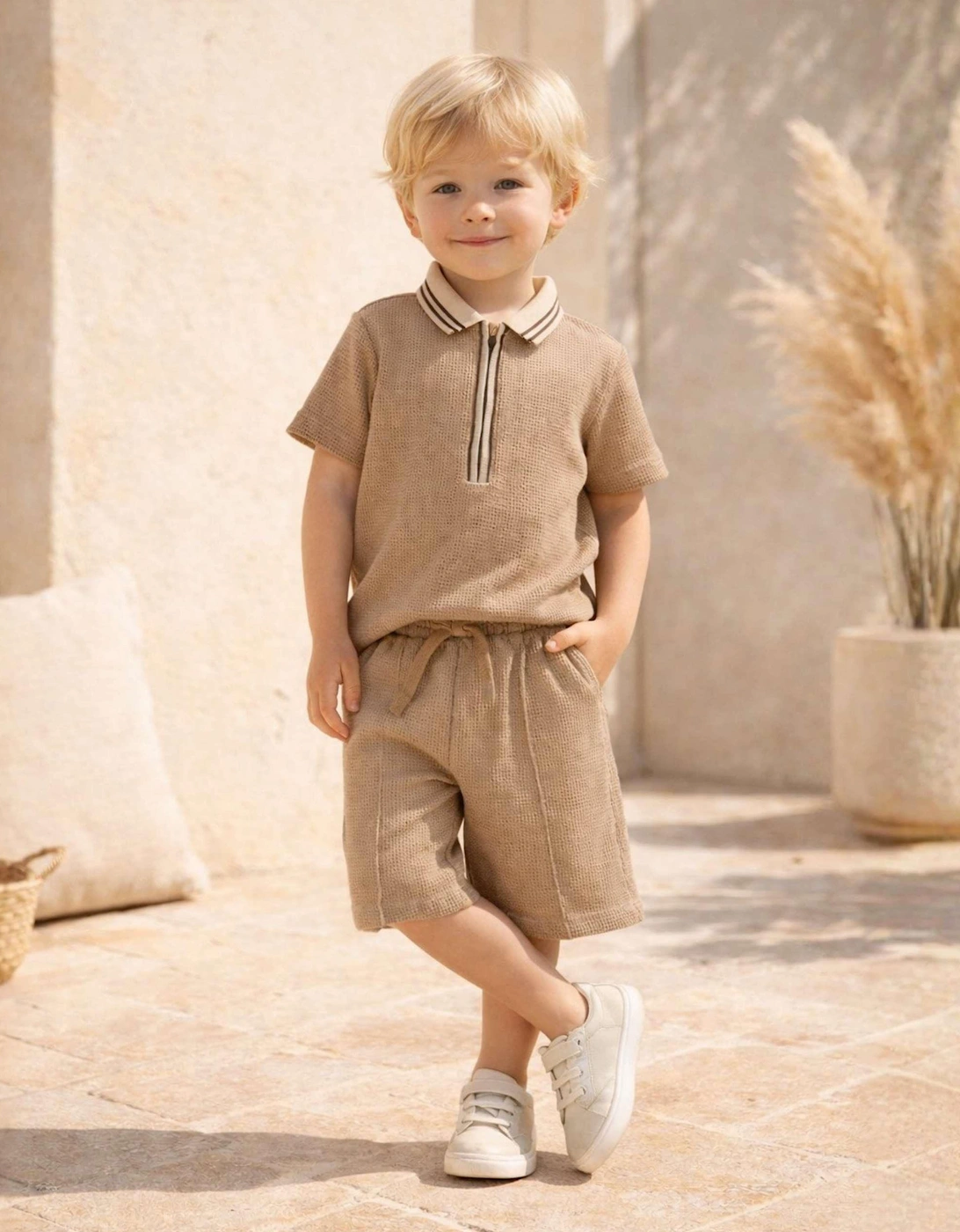 Bel-Air Boys Polo Shirt and Shorts Set in Beige