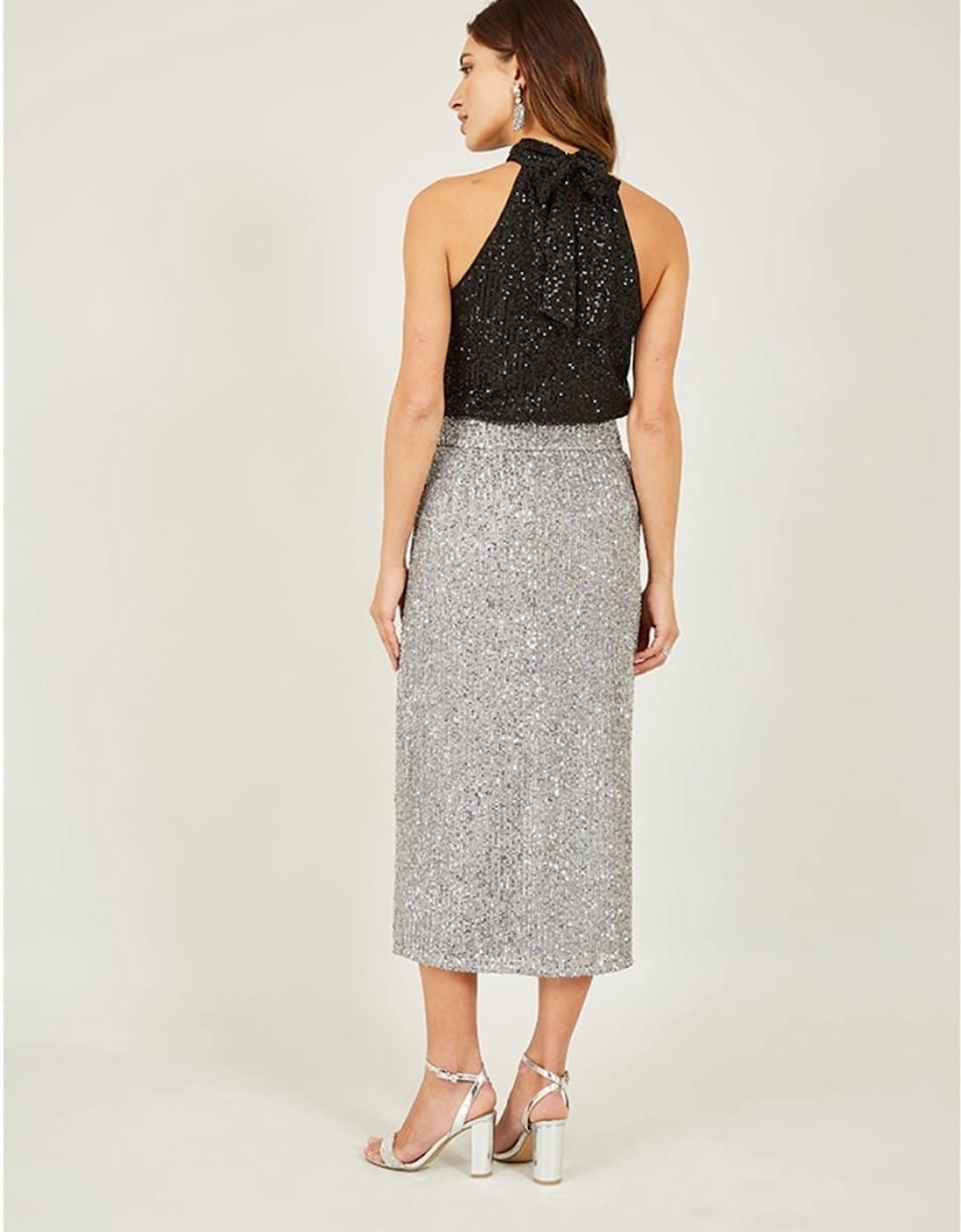 Silver Sequin Midi Pencil Skirt