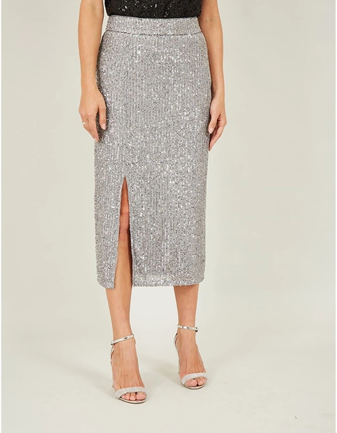 Silver Sequin Midi Pencil Skirt