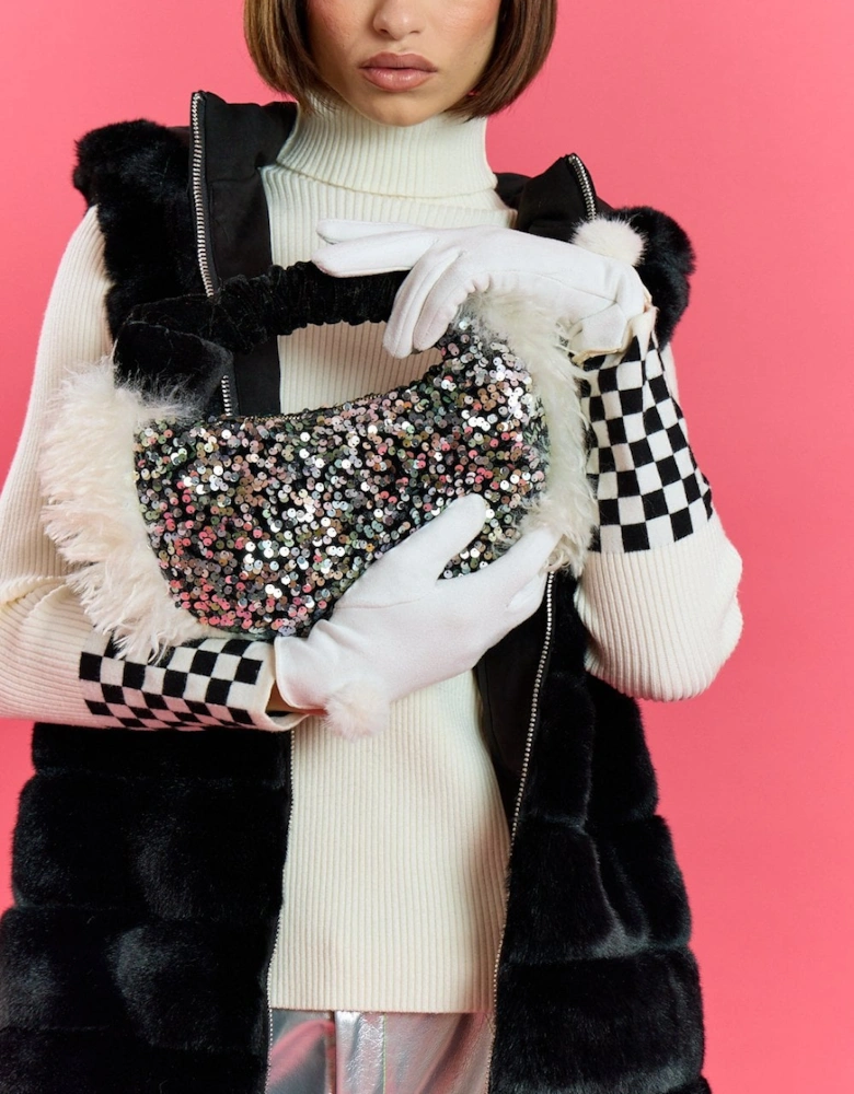 Black and White Bamboo Faux Fur Trim Sequin Tote Bag