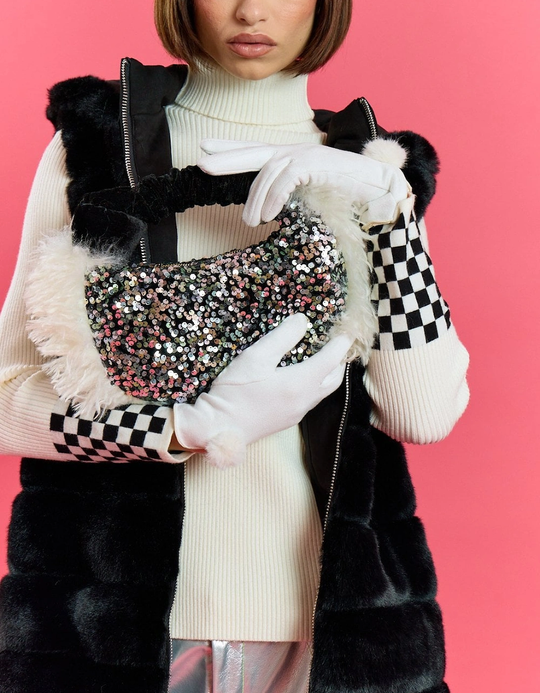 Black and White Bamboo Faux Fur Trim Sequin Tote Bag