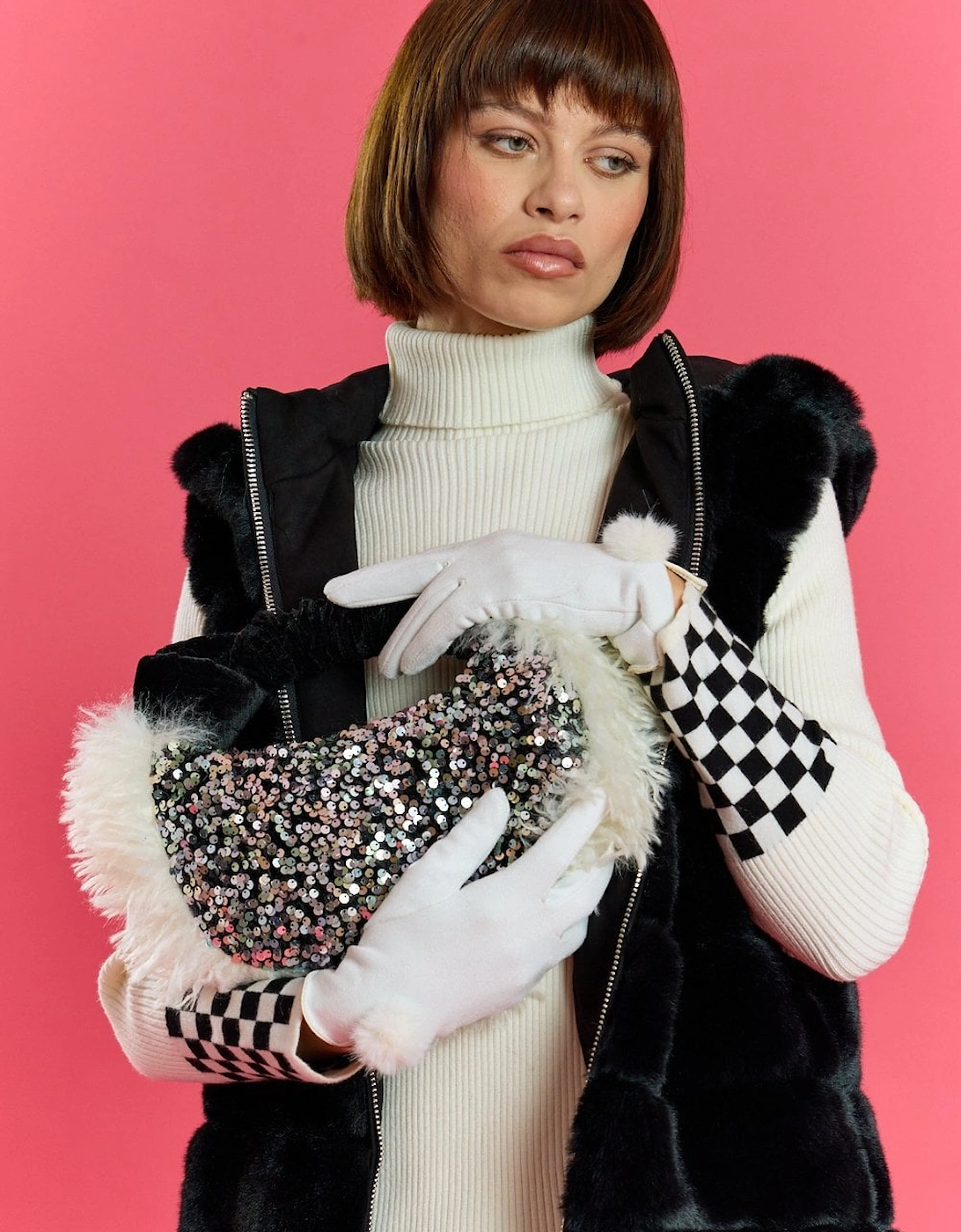 Black and White Bamboo Faux Fur Trim Sequin Tote Bag