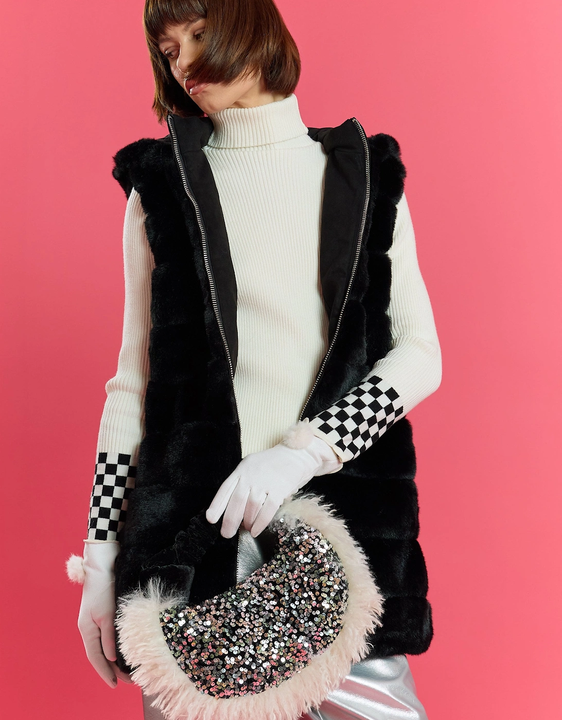 Black and White Bamboo Faux Fur Trim Sequin Tote Bag