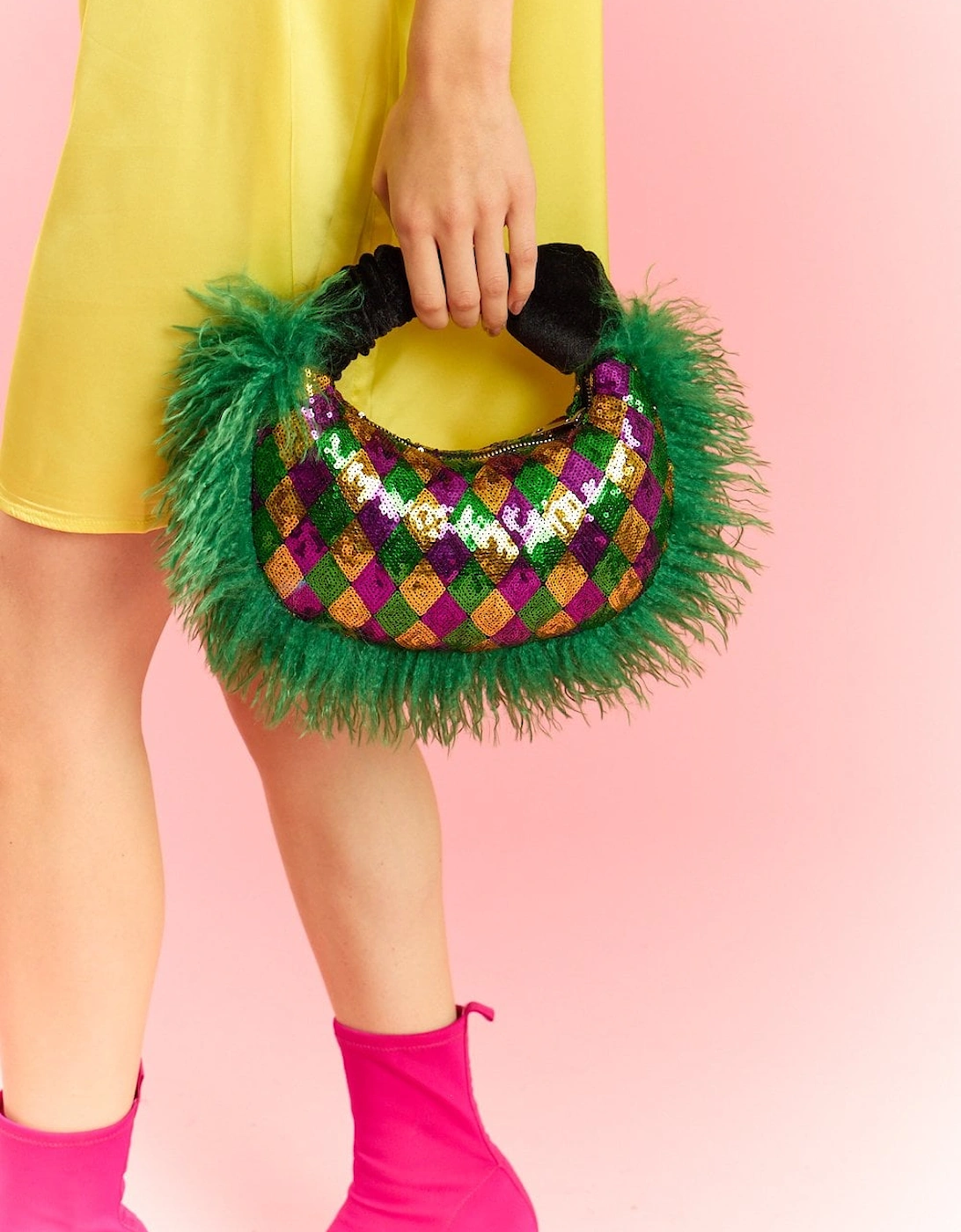 Green Bamboo Faux Fur Trim Sequin Tote Bag