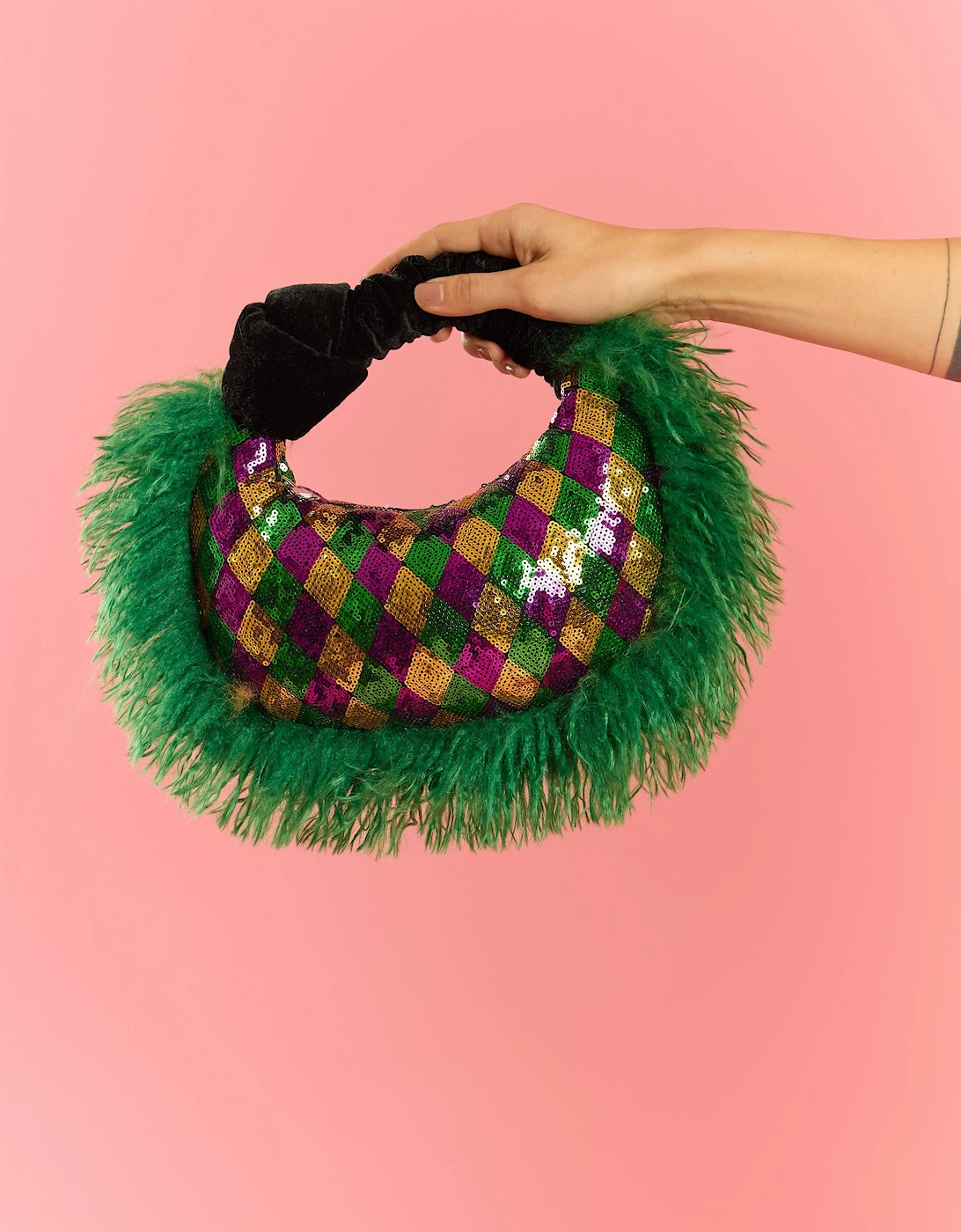 Green Bamboo Faux Fur Trim Sequin Tote Bag