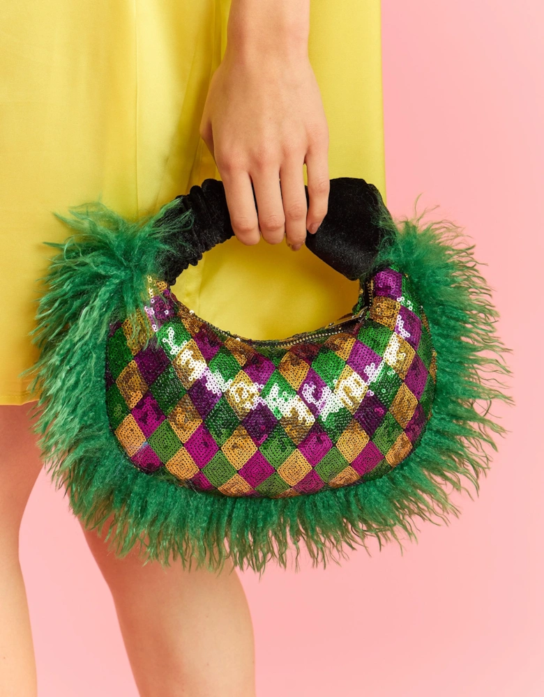 Green Bamboo Faux Fur Trim Sequin Tote Bag