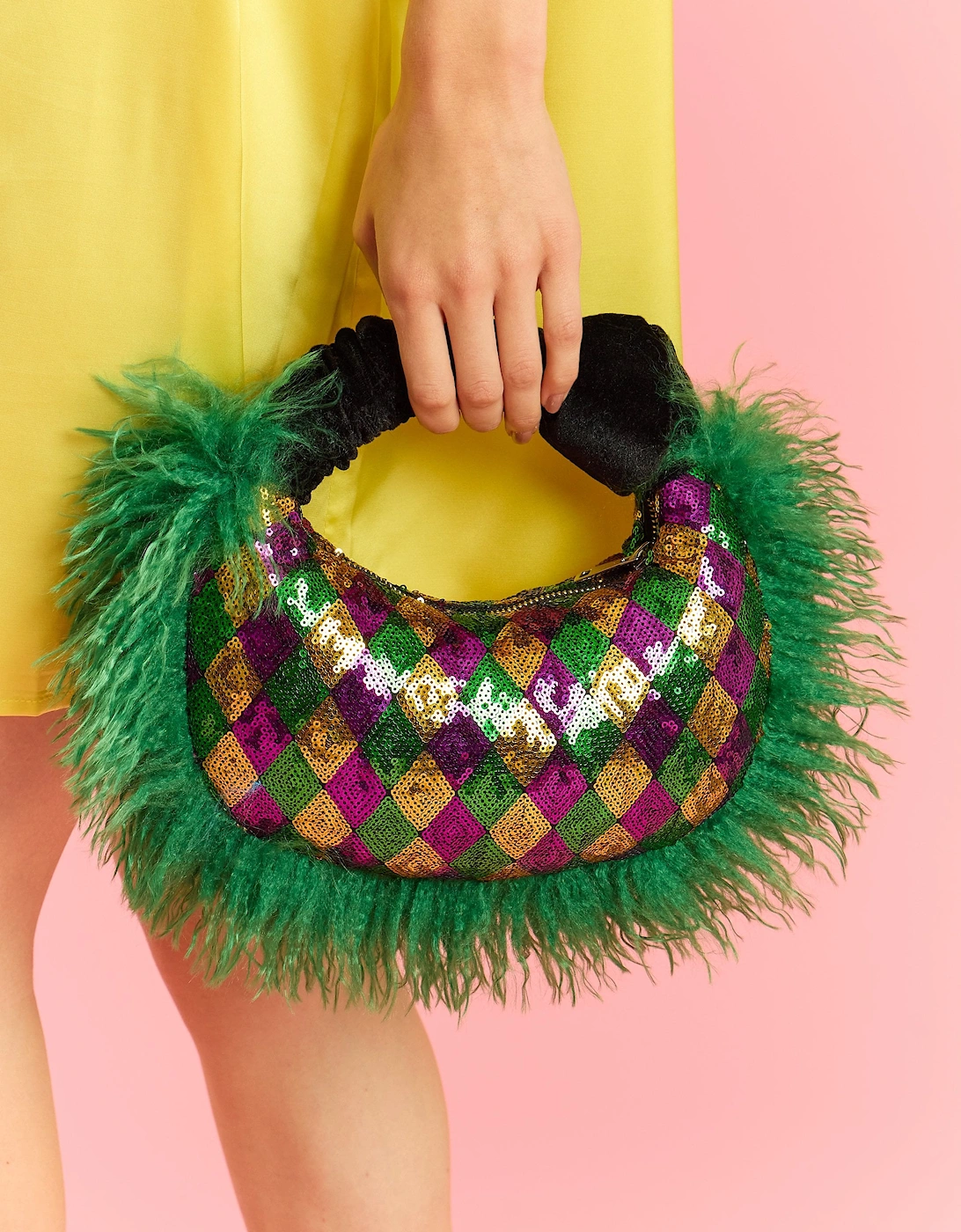Green Bamboo Faux Fur Trim Sequin Tote Bag