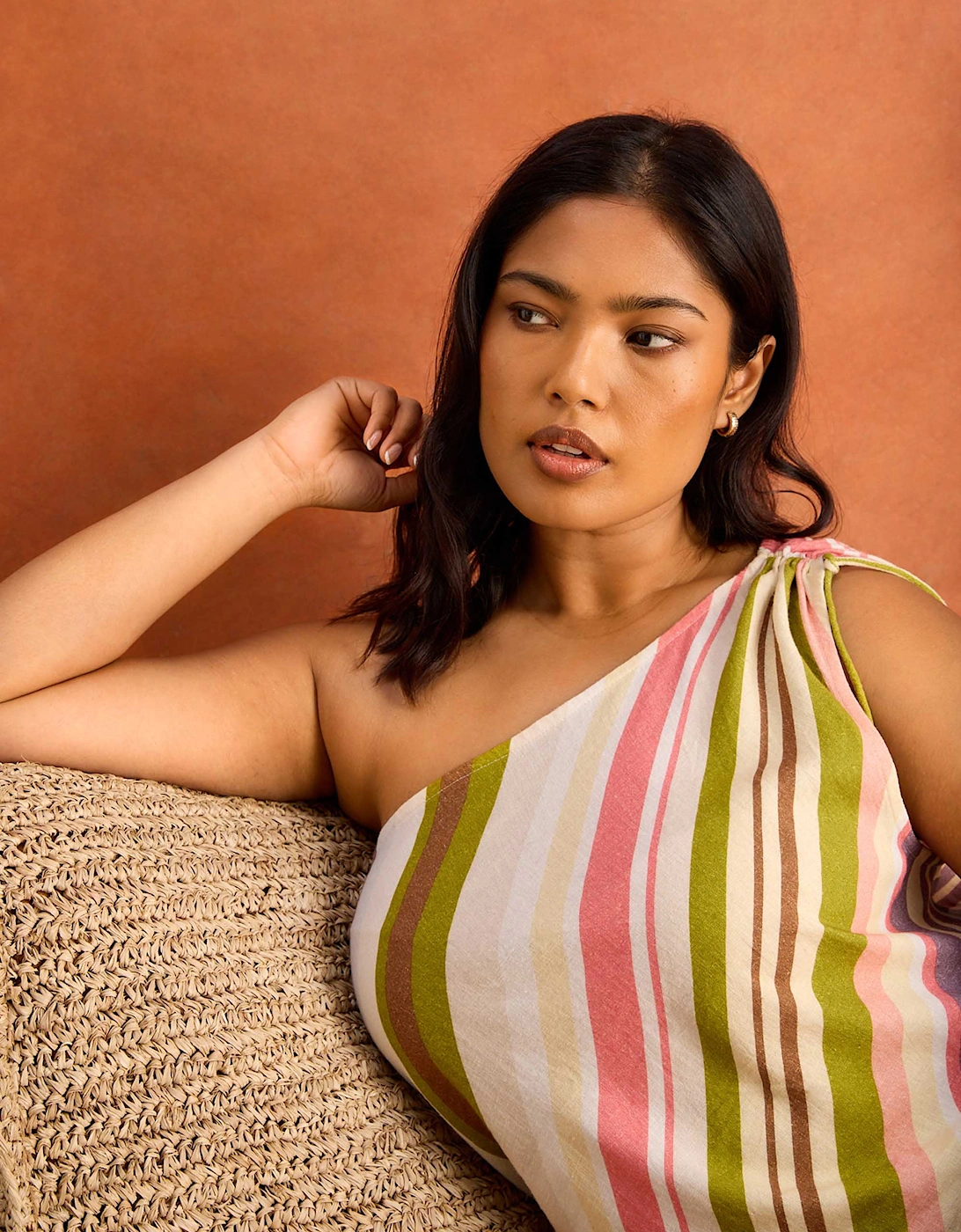 Multi Stripe One Shoulder Linen Blend Midaxi Dress
