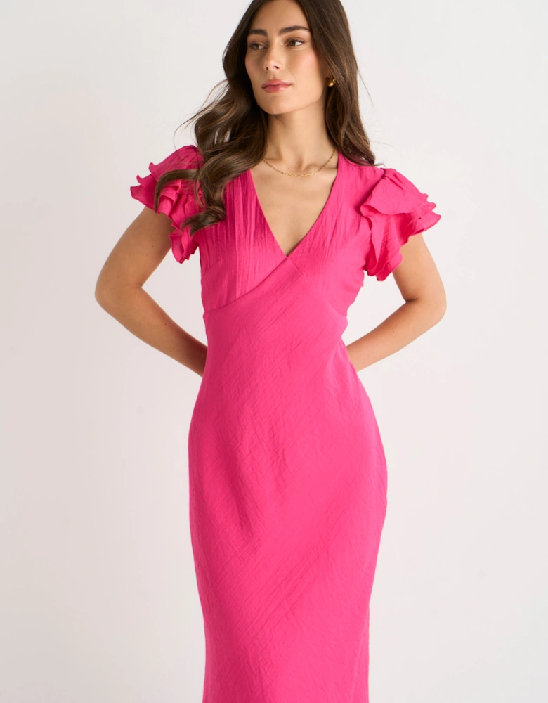 Pink V Neck Soft Crinkle Finish Ruffle Bias Midi Dress