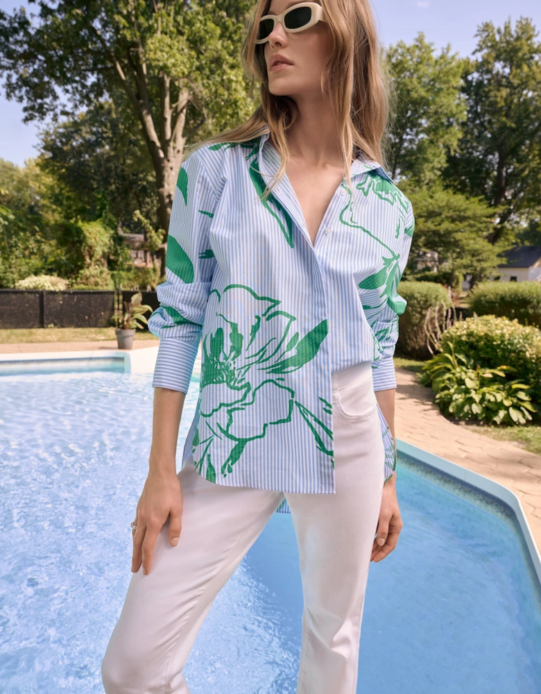 Cotton stripe floral print boxy blouse