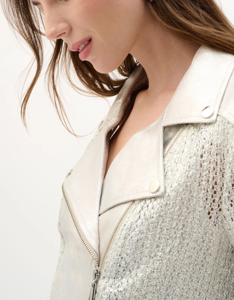 Faux suede foiled knit moto jacket