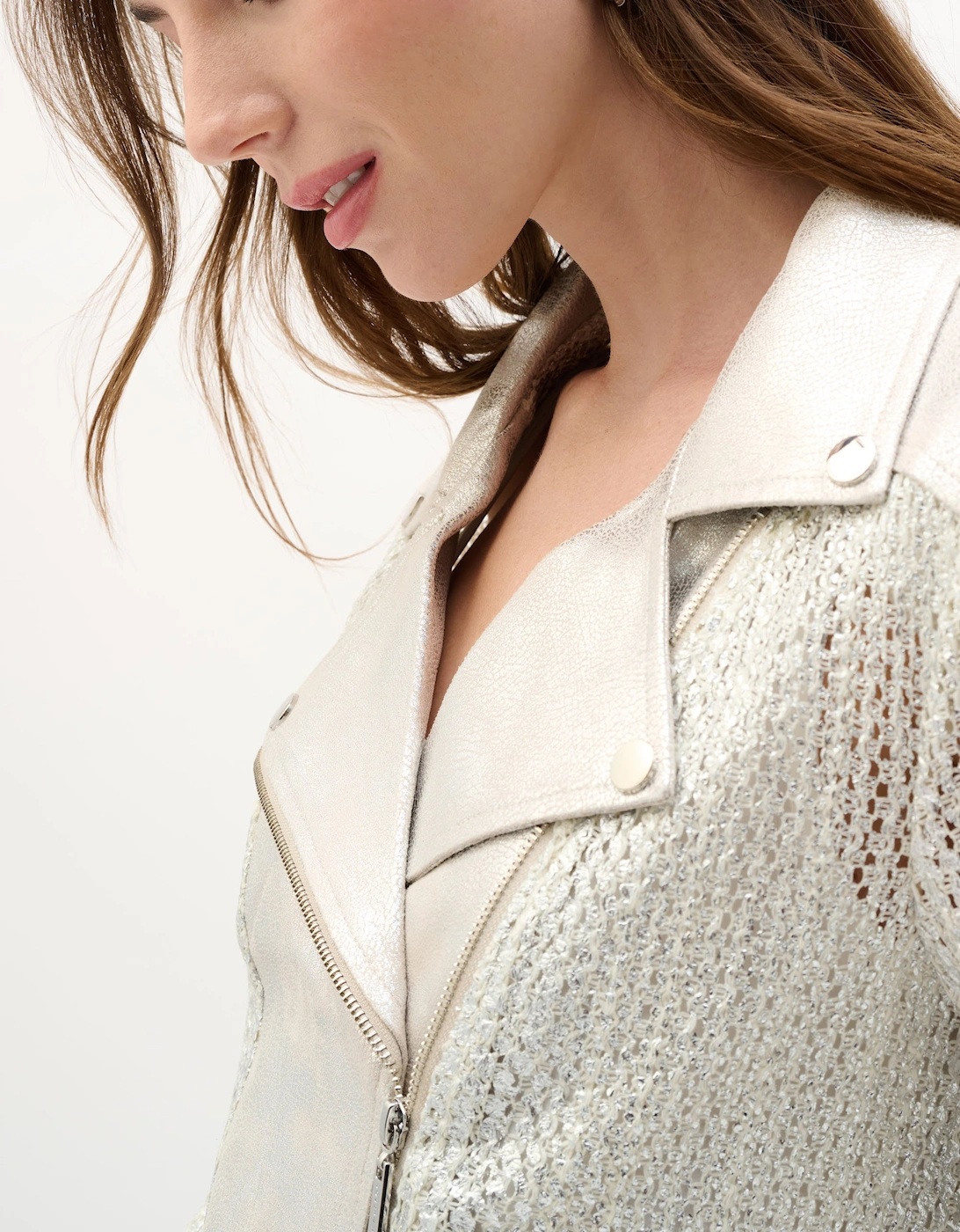 Faux suede foiled knit moto jacket