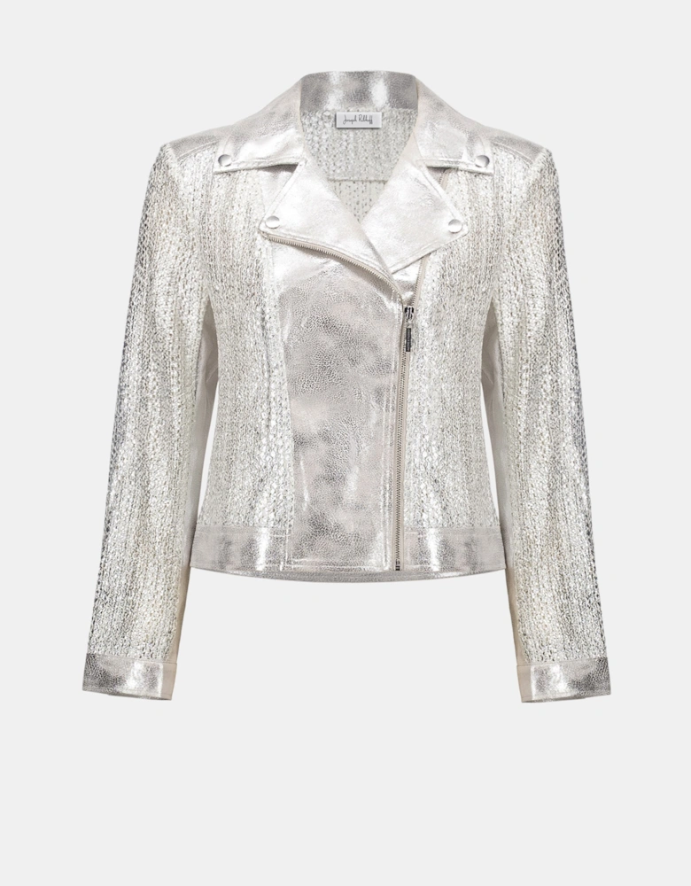 Faux suede foiled knit moto jacket