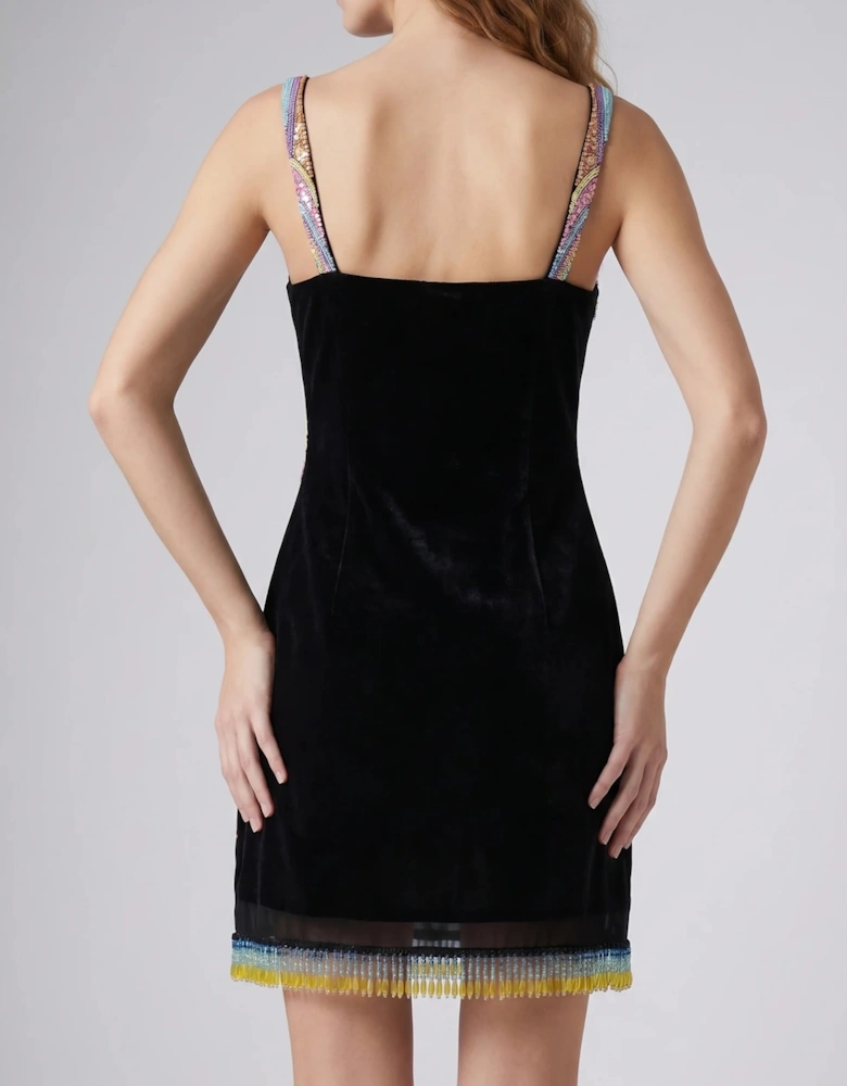 Tasseled Crescent Shell Hand Beaded Mini Dress - Black in Stock