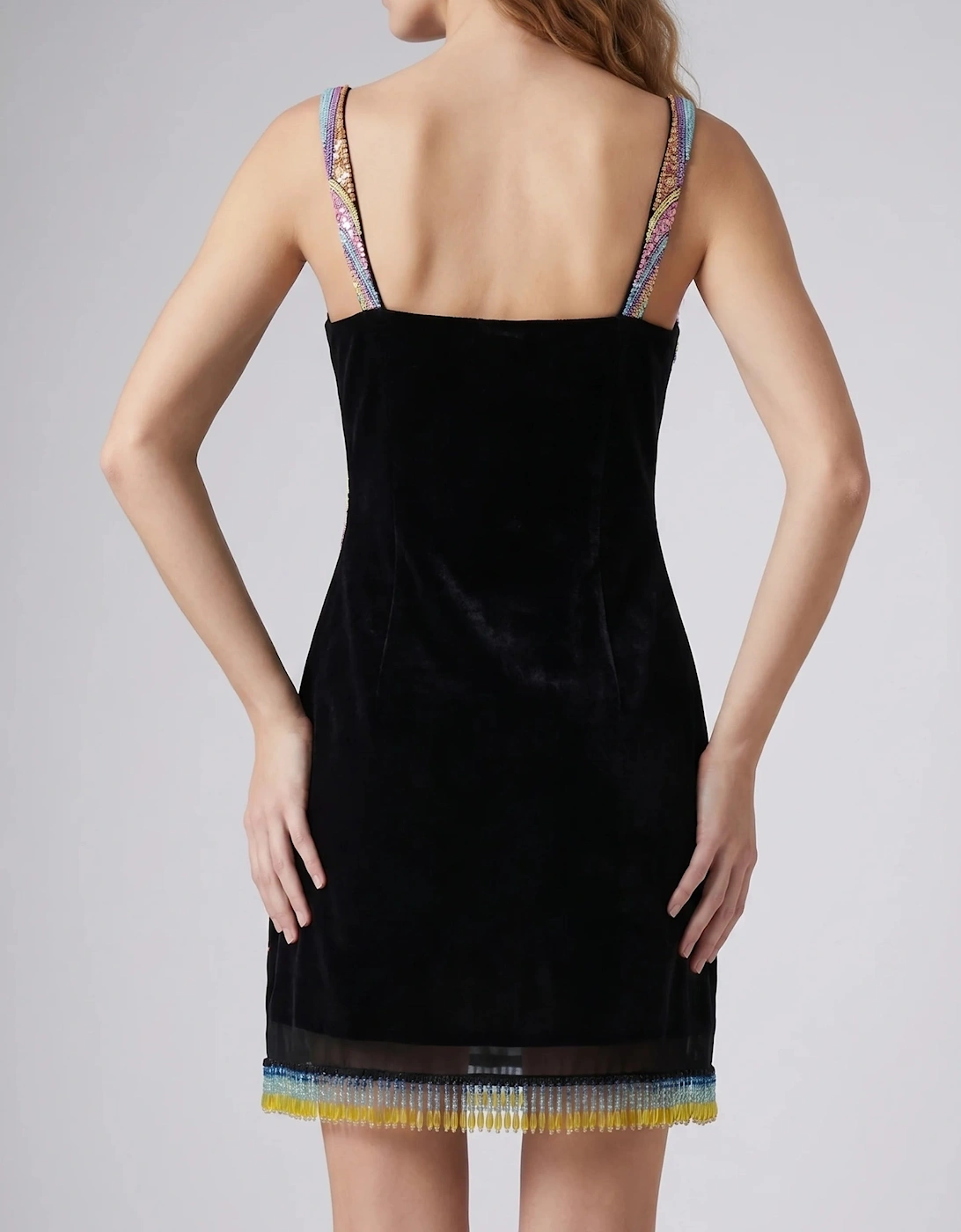 Tasseled Crescent Shell Hand Beaded Mini Dress - Black in Stock