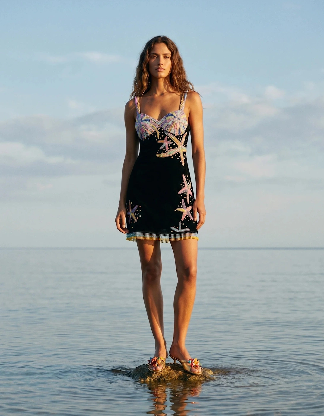 Tasseled Crescent Shell Hand Beaded Mini Dress - Black in Stock