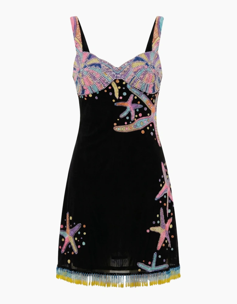 Tasseled Crescent Shell Hand Beaded Mini Dress - Black in Stock