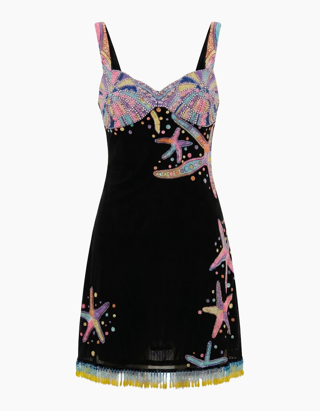 Tasseled Crescent Shell Hand Beaded Mini Dress - Black in Stock