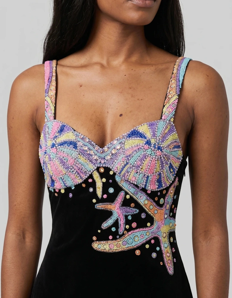 Tasseled Crescent Shell Hand Beaded Mini Dress - Black in Stock