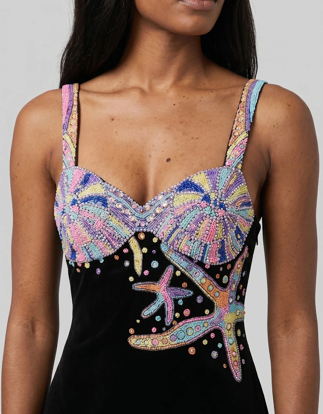 Tasseled Crescent Shell Hand Beaded Mini Dress - Black in Stock