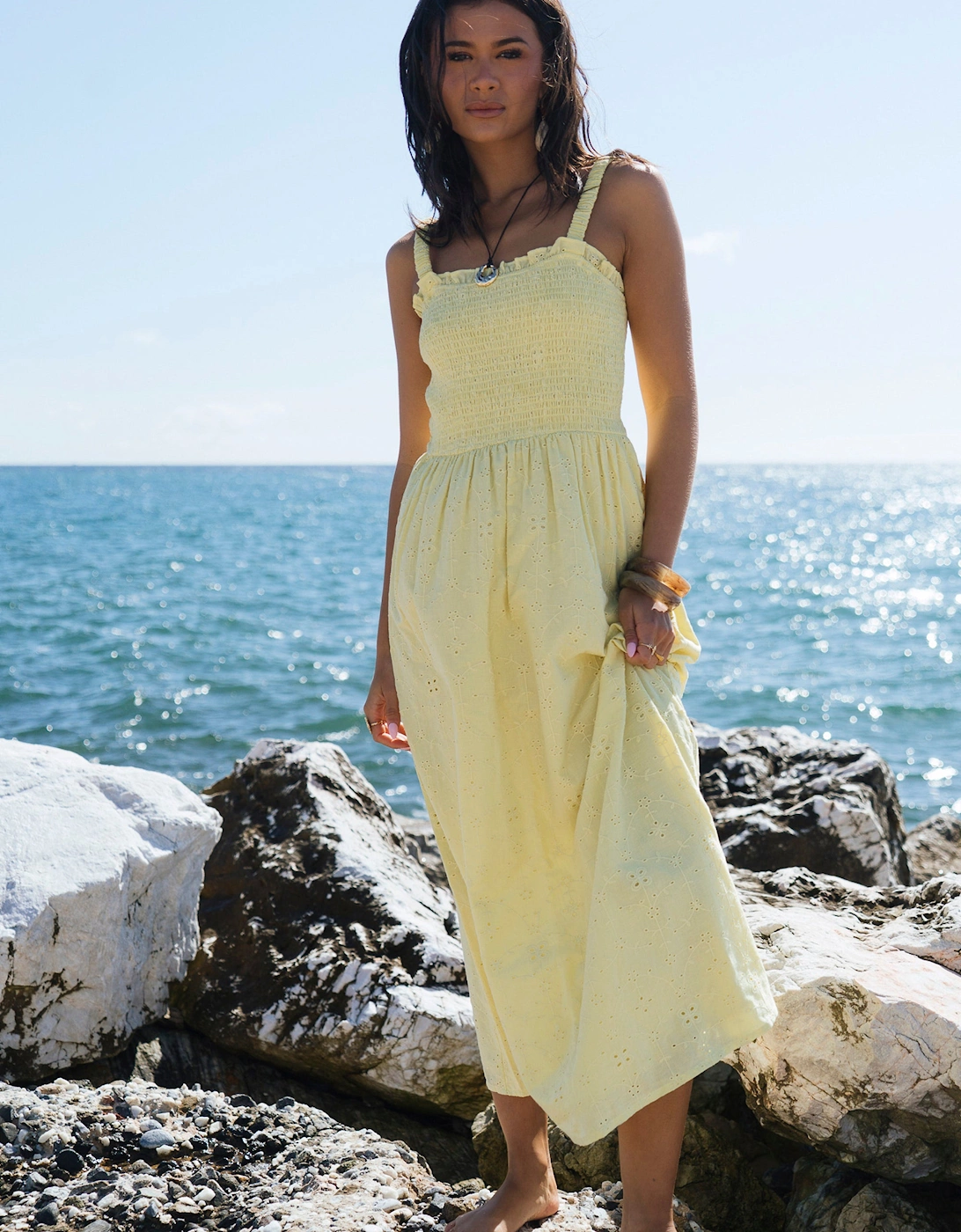 Gini London Women's Yellow Embroidered Shirred Bodice Sun Dress - Size 8