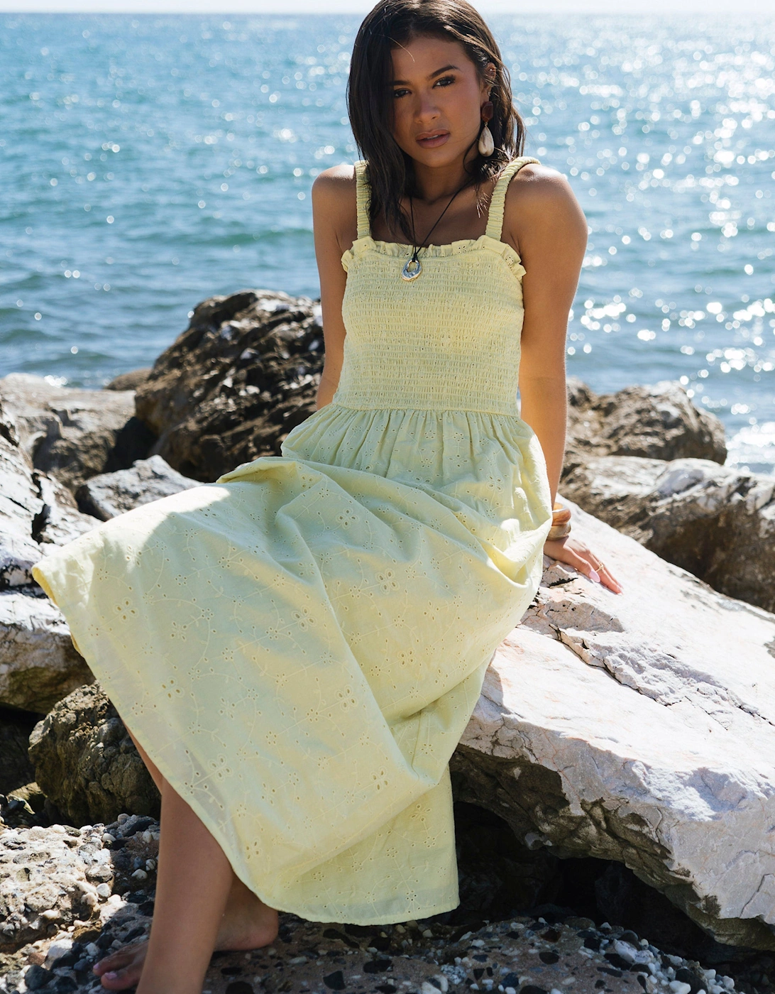 Yellow Embroidered Shirred Bodice Sun Dress