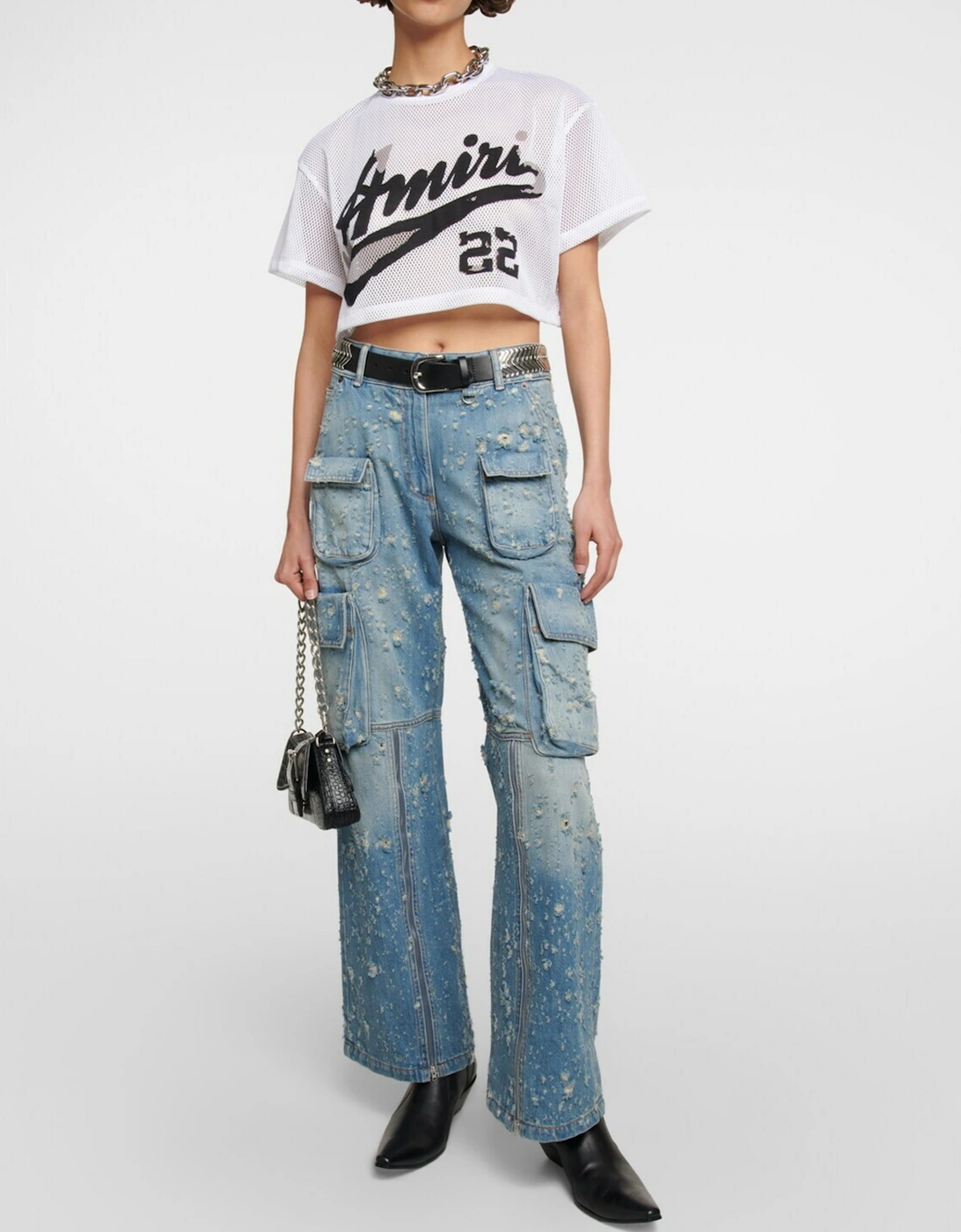 AMIRI WOMENS MESH 22 CROPPED TEE WHITE