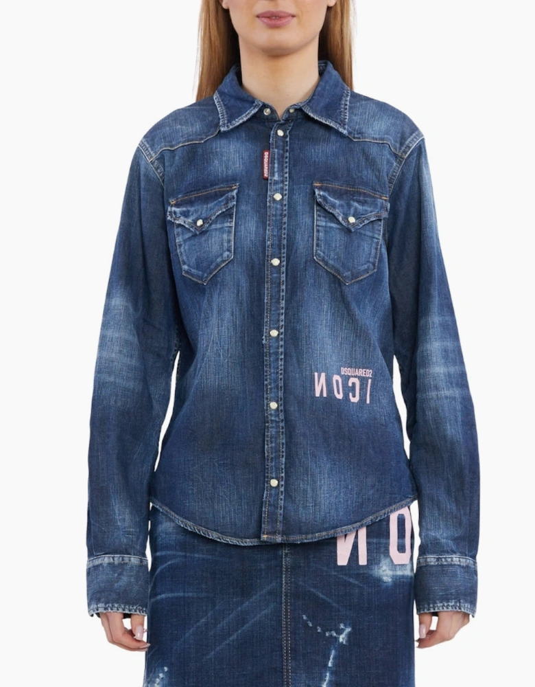 Dsquared2 Icon Reverse Logo Western Dark Blue Denim Shirt