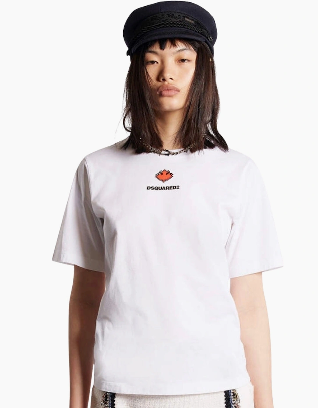 Dsquared2 Pixel Leaf Logo Print Crew Neck White T-Shirt