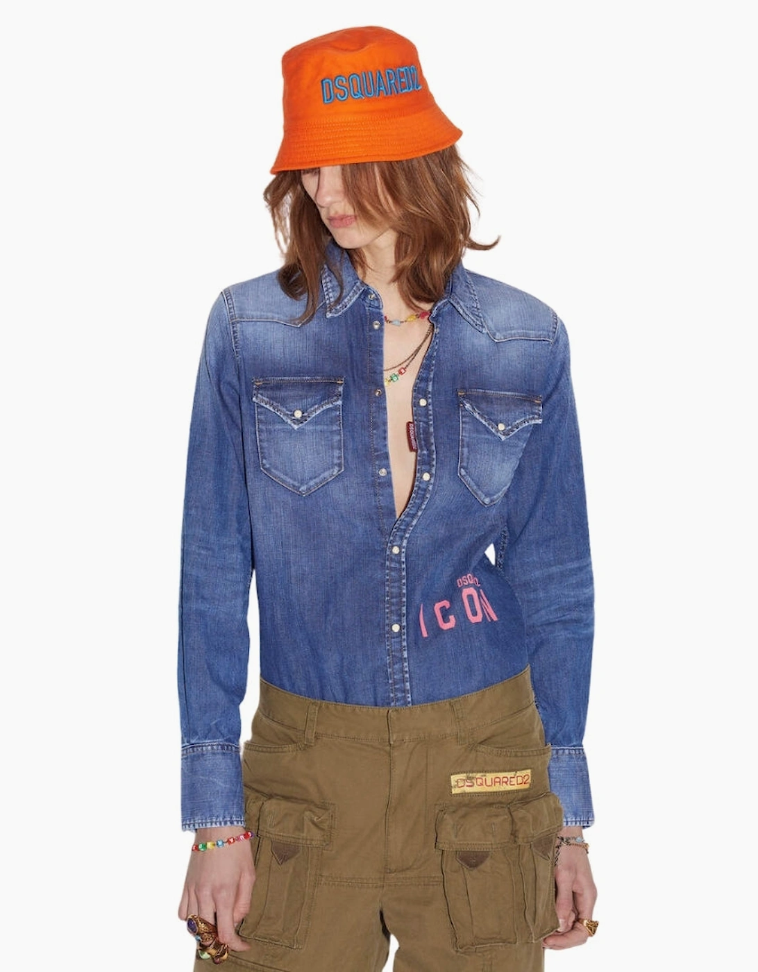 Dsquared2 Icon Print Western Denim Blue Shirt
