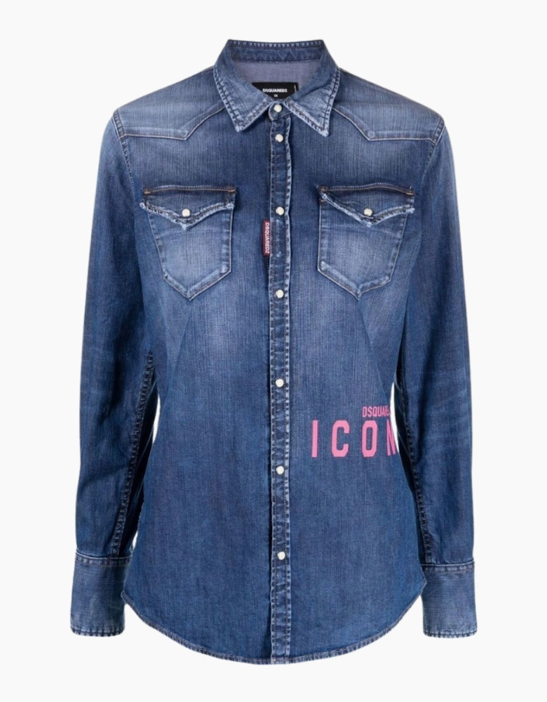 Dsquared2 Icon Print Western Denim Blue Shirt