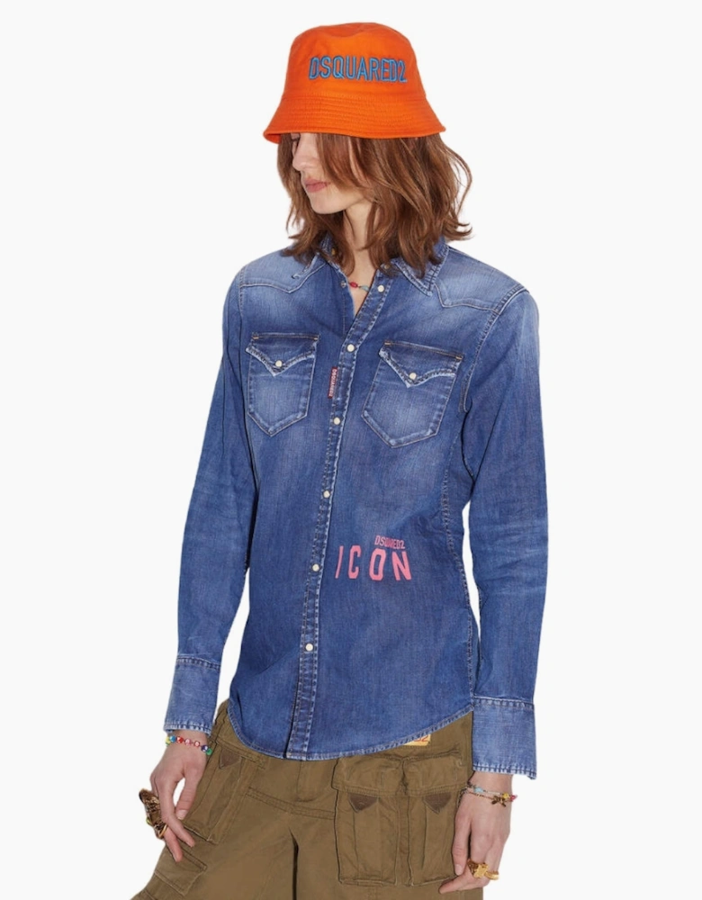 Dsquared2 Icon Print Western Denim Blue Shirt