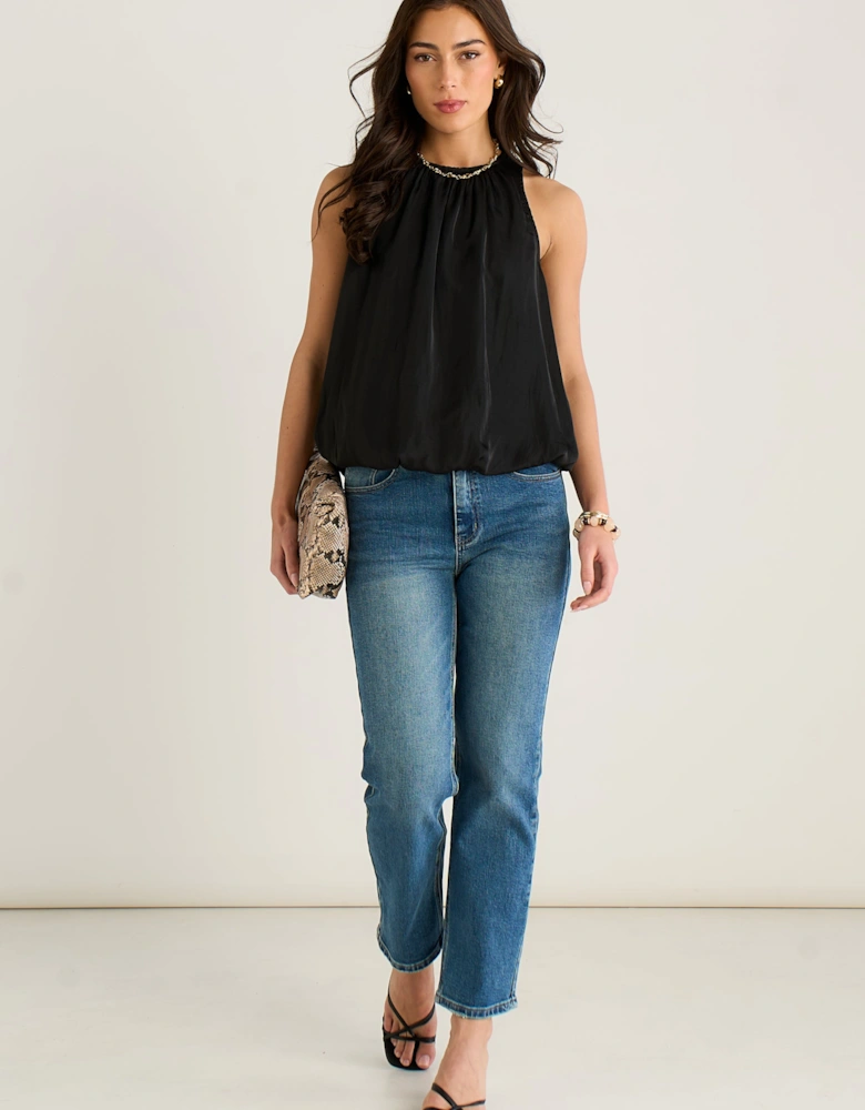 Black Sleeveless Gathered Neck Bubble Hem Top