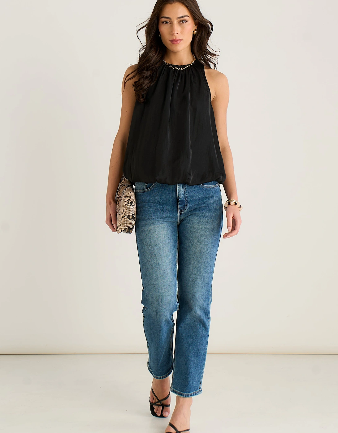 Black Sleeveless Gathered Neck Bubble Hem Top