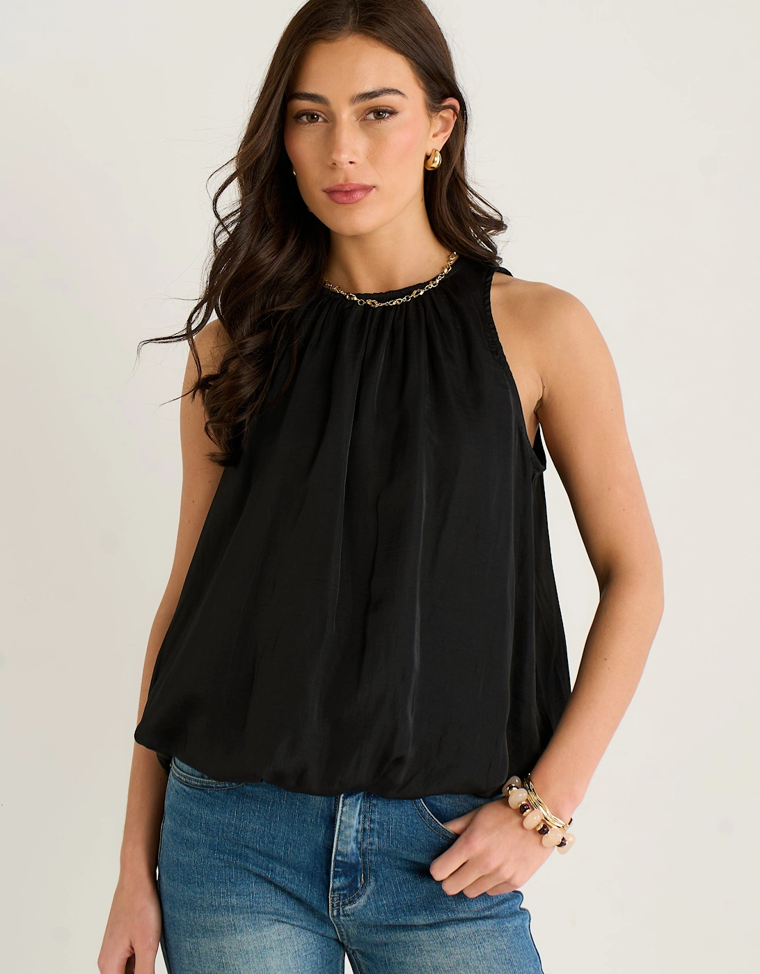 Black Sleeveless Gathered Neck Bubble Hem Top