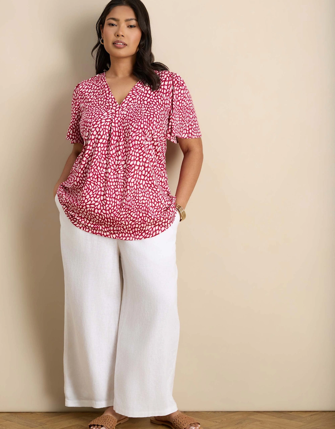 Pink Abstract Print V-Neck Flutter Sleeve Jersey Top