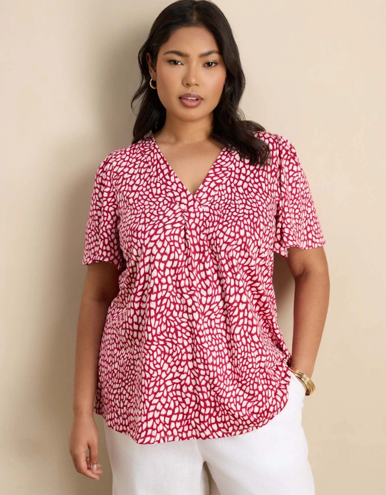 Pink Abstract Print V-Neck Flutter Sleeve Jersey Top