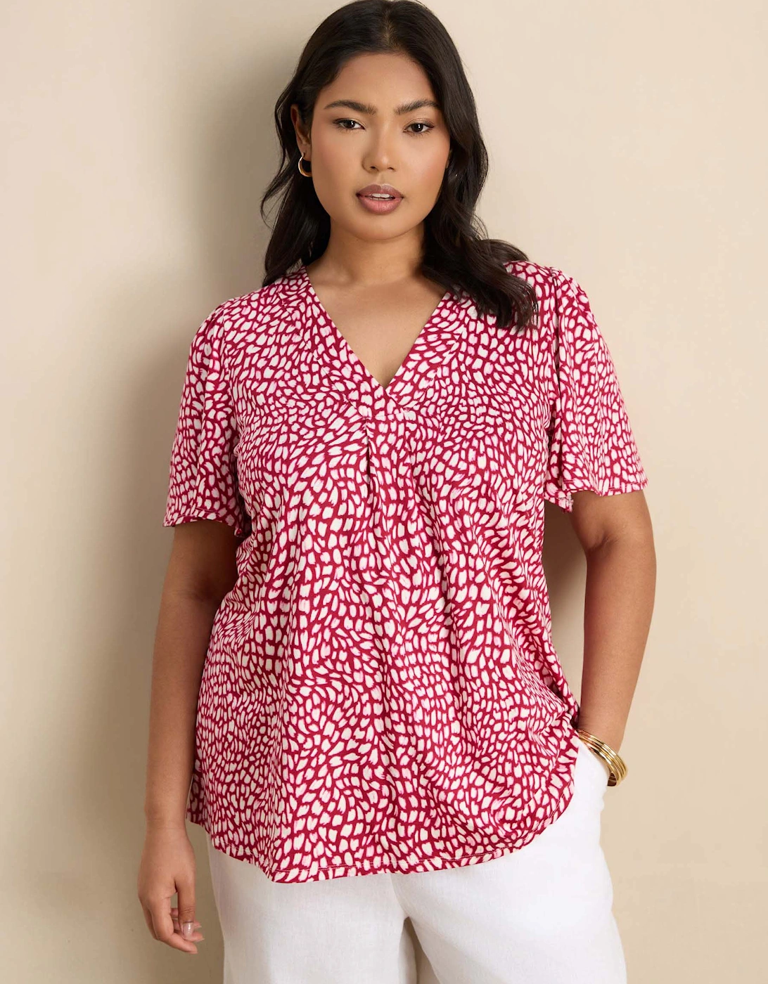 Pink Abstract Print V-Neck Flutter Sleeve Jersey Top, 6 of 5