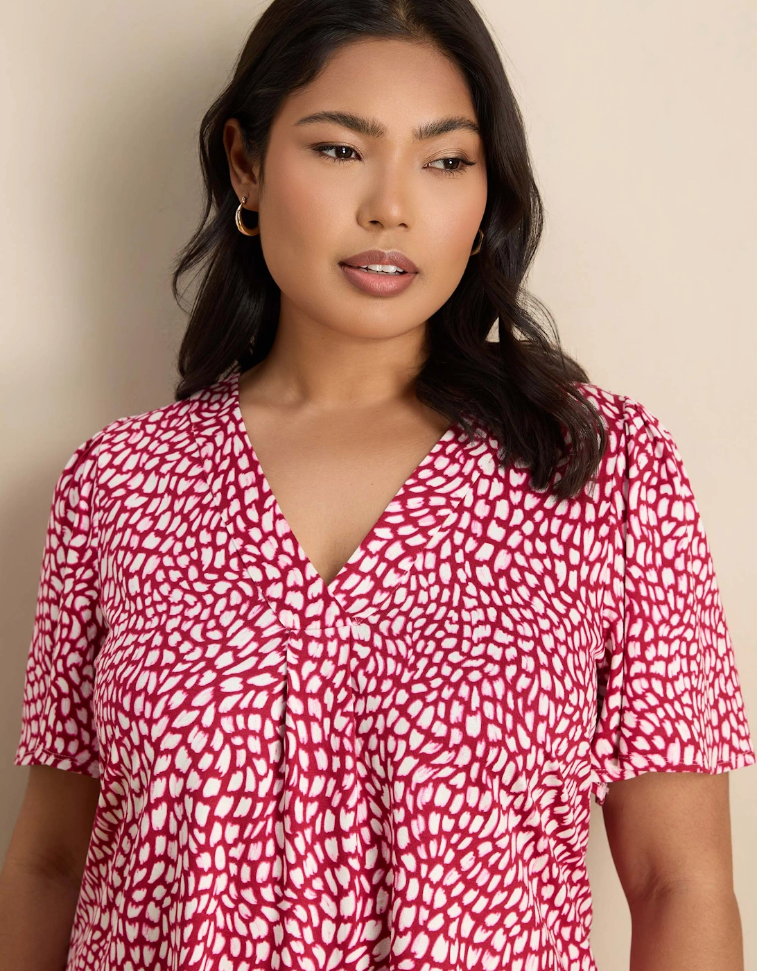 Pink Abstract Print V-Neck Flutter Sleeve Jersey Top
