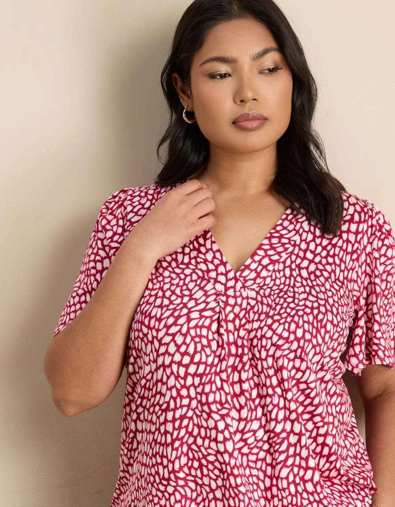Pink Abstract Print V-Neck Flutter Sleeve Jersey Top
