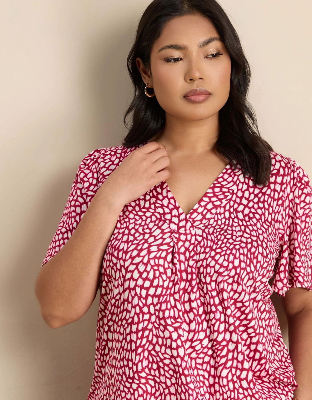 Pink Abstract Print V-Neck Flutter Sleeve Jersey Top