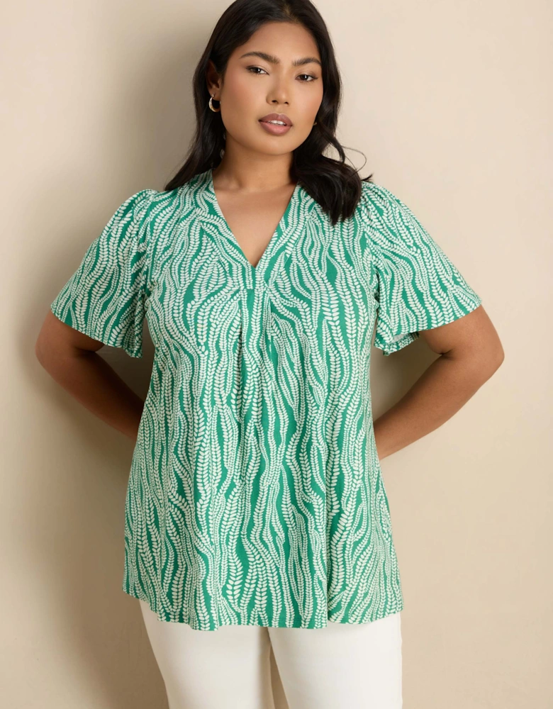 Green Linear Leaf Print V-Neck Flutter Sleeve Jersey Top
