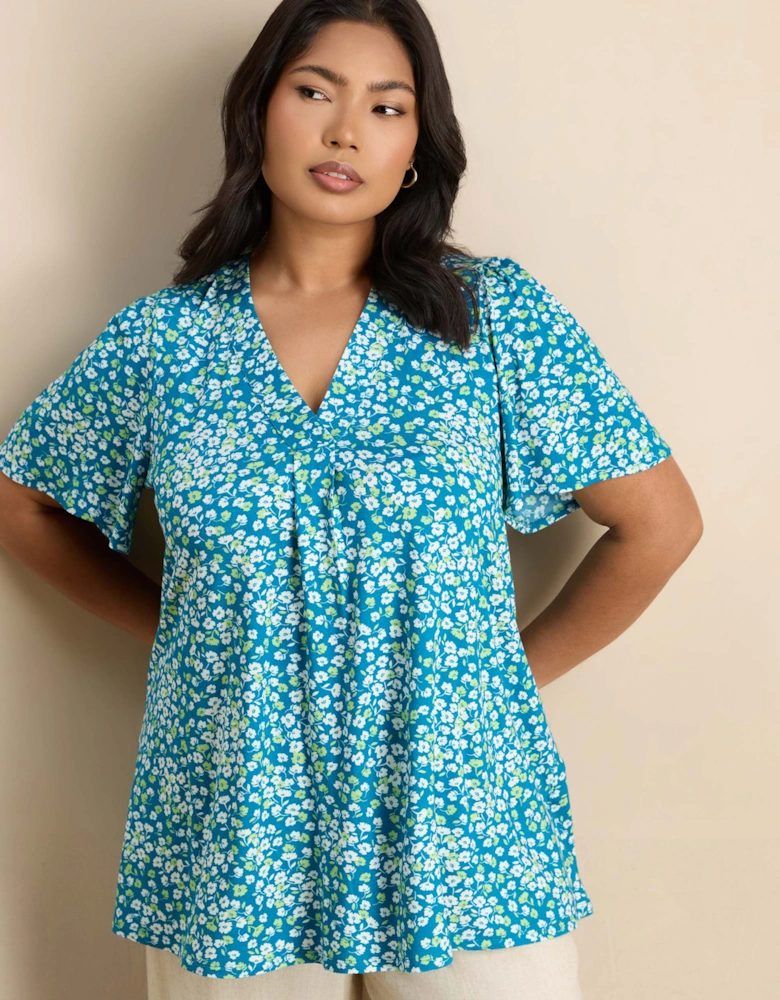 Blue Ditsy Print V-Neck Flutter Sleeve Jersey Top